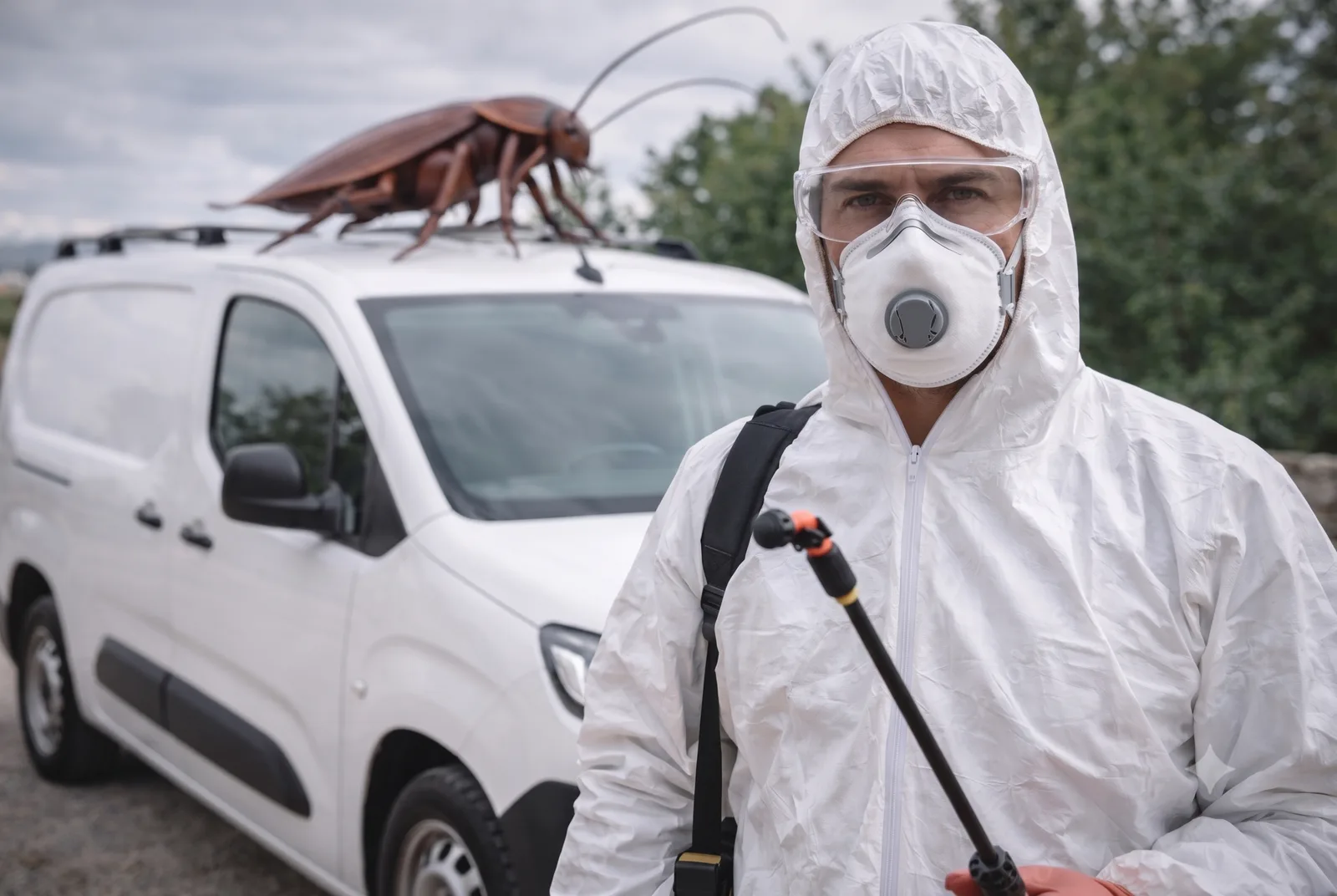 Técnico de VIS PLAGAS con traje de protección, mascarilla y equipo de fumigación junto al móvil de la empresa, listo para el control de plagas en Santiago