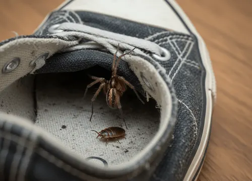 Araña de rincón escondida en una zapatilla