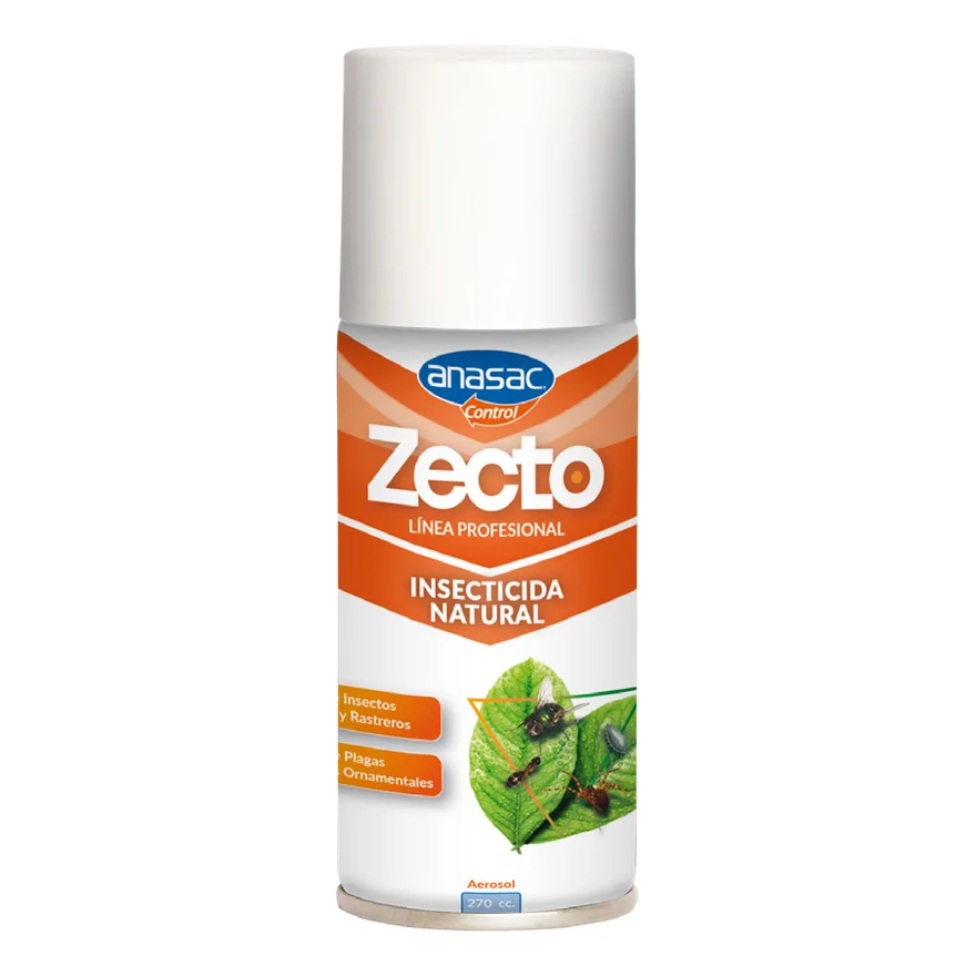 Aerosol blanco de 270 cc Zecto Insecticida Natural de Anasac con etiqueta naranja y hojas verdes