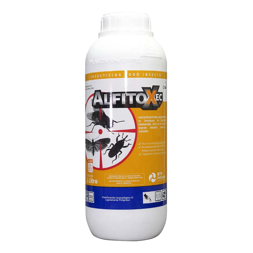 Botella blanca de 1 litro de Alfitox EC de BTS Intrade con etiqueta amarilla y diana roja con insectos
