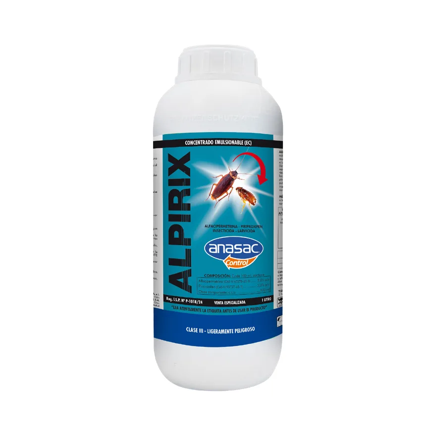 Botella blanca de 1 litro de Alpirix EC de Anasac con etiqueta celeste, cucaracha y pulga ilustradas