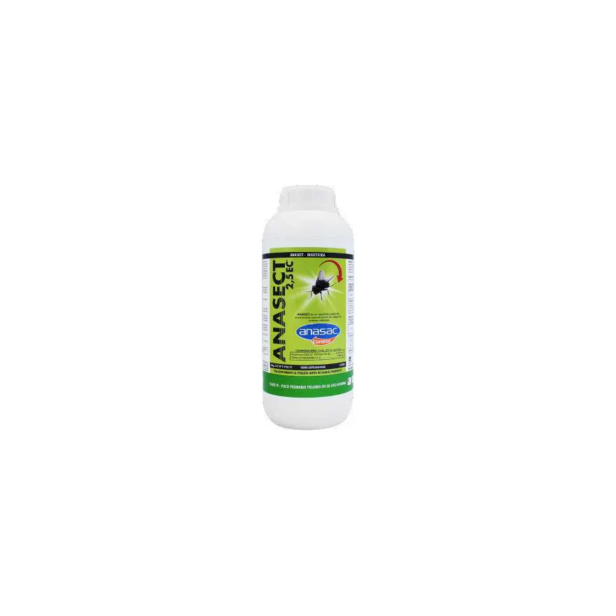 Botella blanca de 1 litro de Anasect 2,5 EC de Anasac con etiqueta verde y una mosca ilustrada