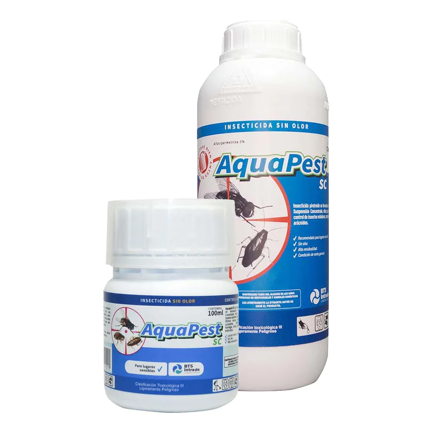 Envases de Aquapest SC de BTS Intrade: botella blanca de 1 litro y frasco de 100 ml con etiqueta azul