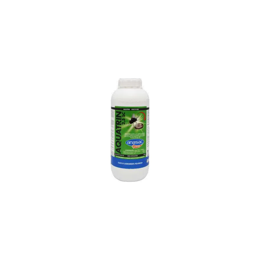 Botella blanca de 1 litro de Aquatrin 2,5 SC de Anasac con etiqueta verde y una mosca ilustrada