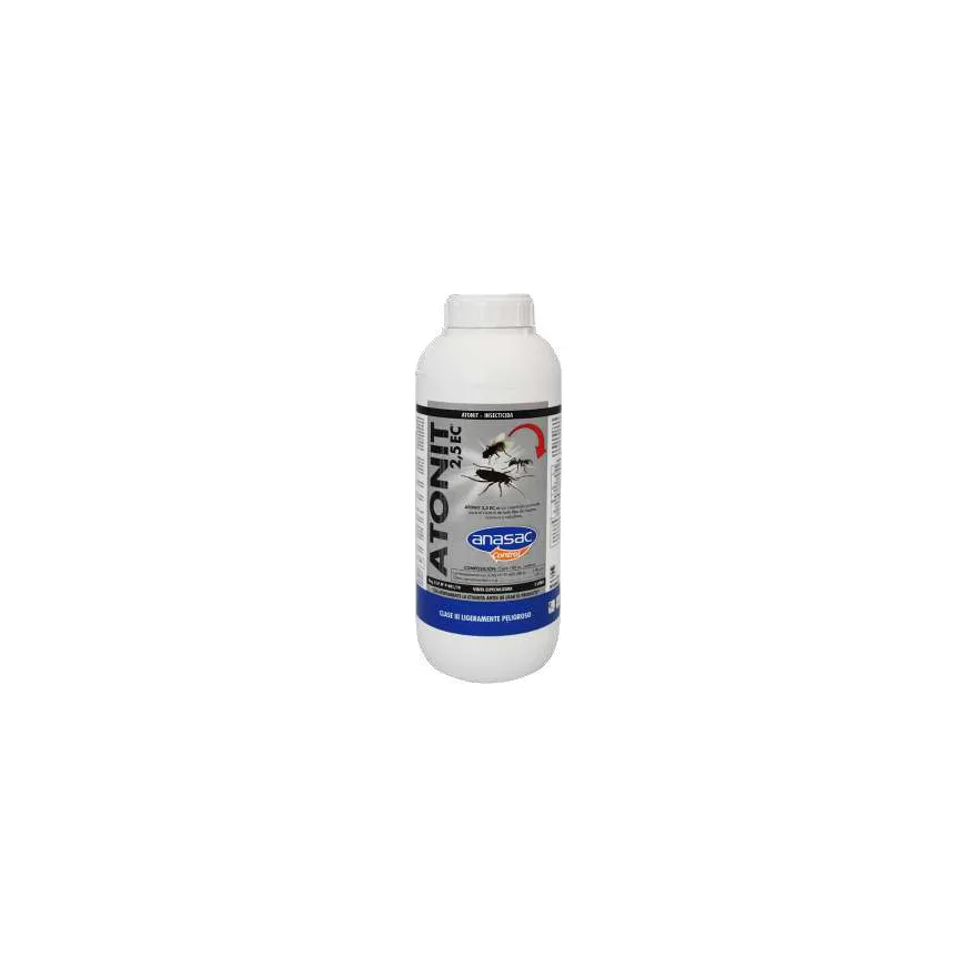 Botella blanca de 1 litro de Atonit 2,5 EC de Anasac con etiqueta gris y banda azul