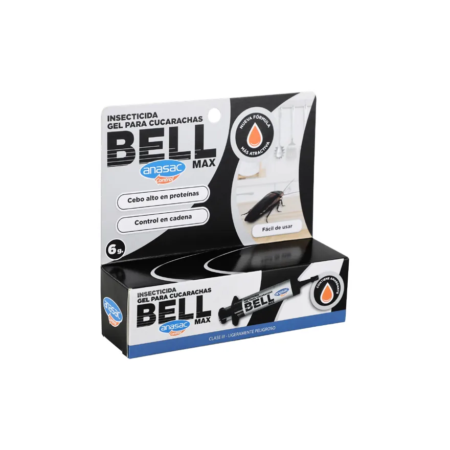 Caja negra y gris de Bell Max de Anasac, gel para cucarachas de 6 g, con la jeringa dibujada al frente