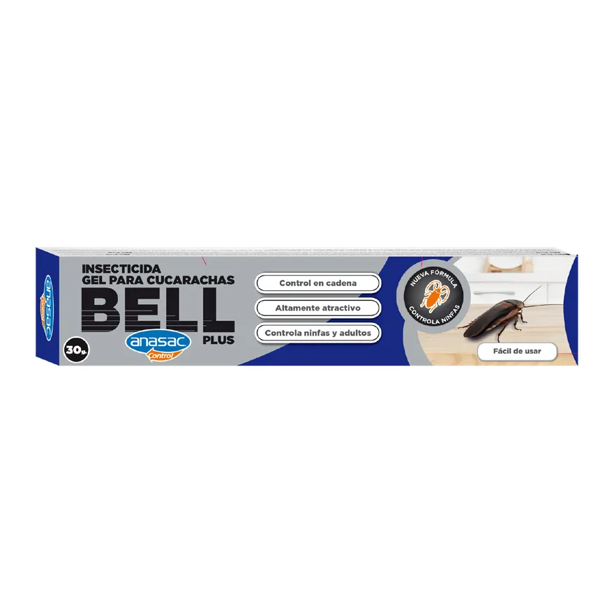 Caja alargada azul y gris de Bell Plus de Anasac, gel para cucarachas de 30 g