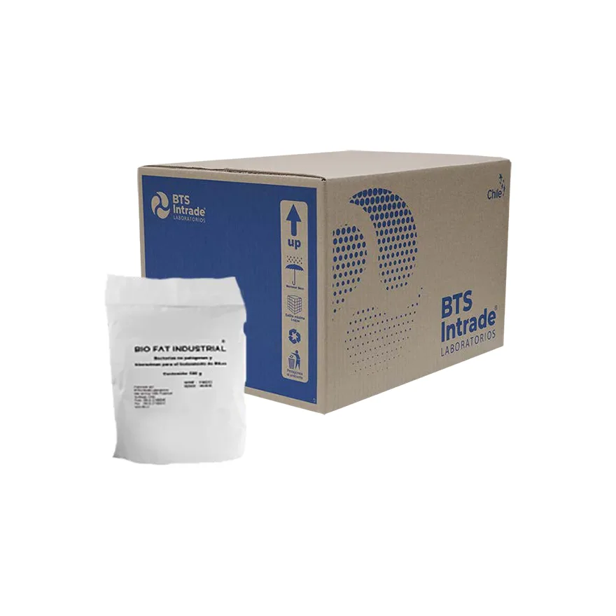Bolsa blanca de Bio Fat Industrial delante de una caja de cartón de BTS Intrade