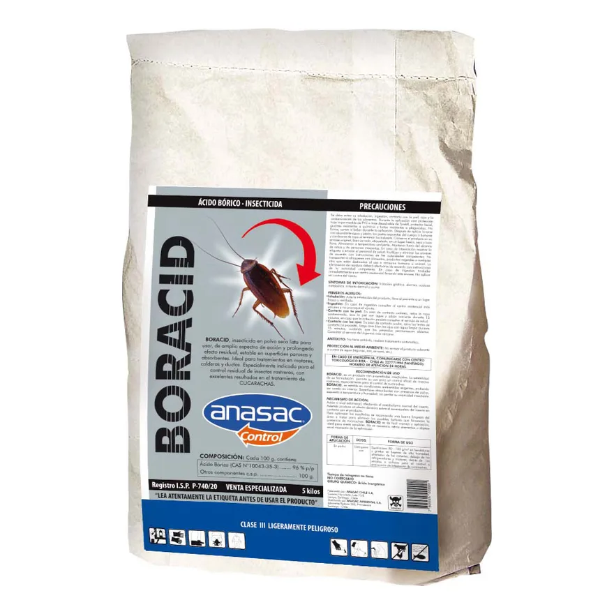 Saco blanco de 5 kilos de Boracid de Anasac, ácido bórico insecticida, con etiqueta gris y una cucaracha