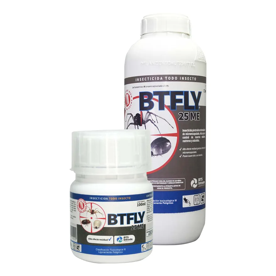 Botella blanca de 1 litro y frasco de 100 ml de BTFLY 25 ME de BTS, insecticida todo insecto con etiqueta azul y gris