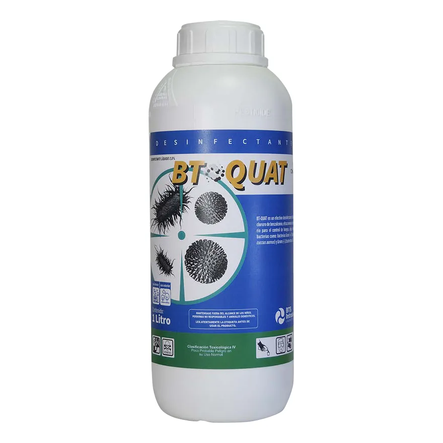 Botella blanca de 1 litro de BT-QUAT de BTS, desinfectante con etiqueta azul y verde