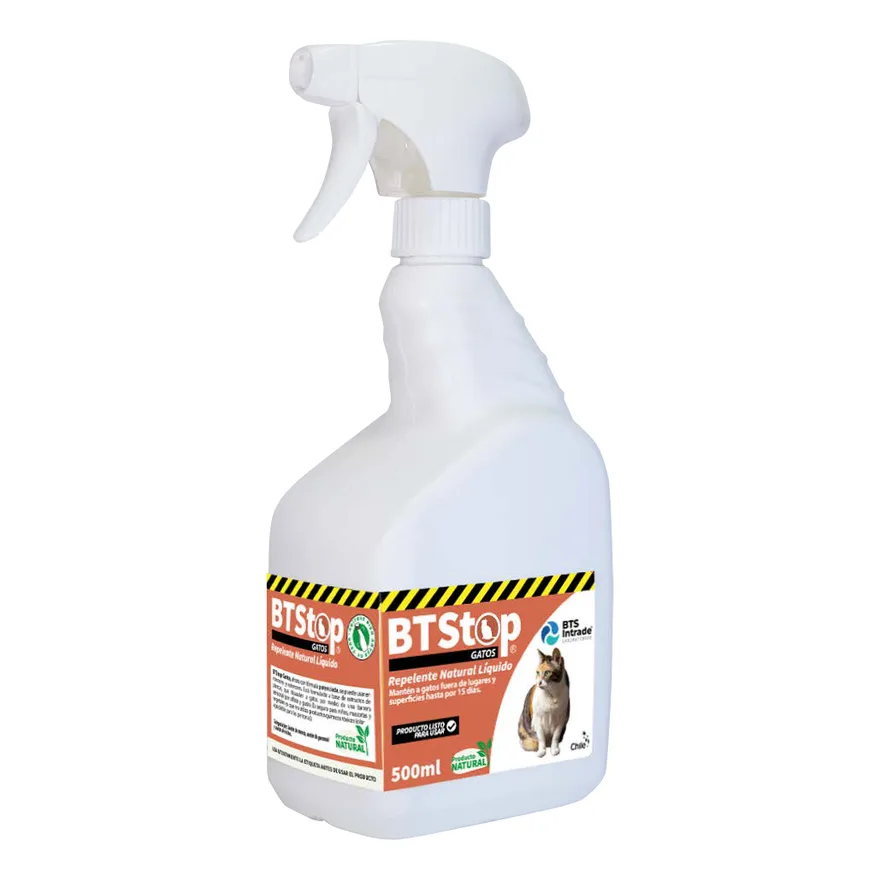 Botella blanca con gatillo pulverizador de 500 ml de BTStop Gatos de BTS, repelente natural líquido con etiqueta naranja y foto de un gato