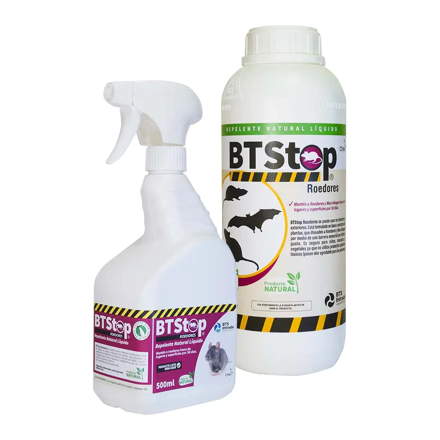 Pulverizador blanco de 500 ml con gatillo y botella blanca de 1 litro de BTStop Roedores líquido, con etiquetas moradas y siluetas de ratas y murciélagos