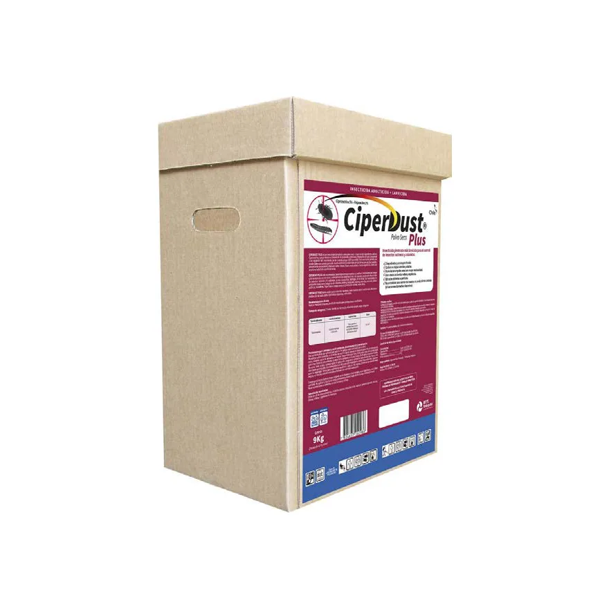 Caja de cartón de 9 kg de Ciper Dust Plus de BTS, con etiqueta burdeo y blanca de insecticida en polvo seco
