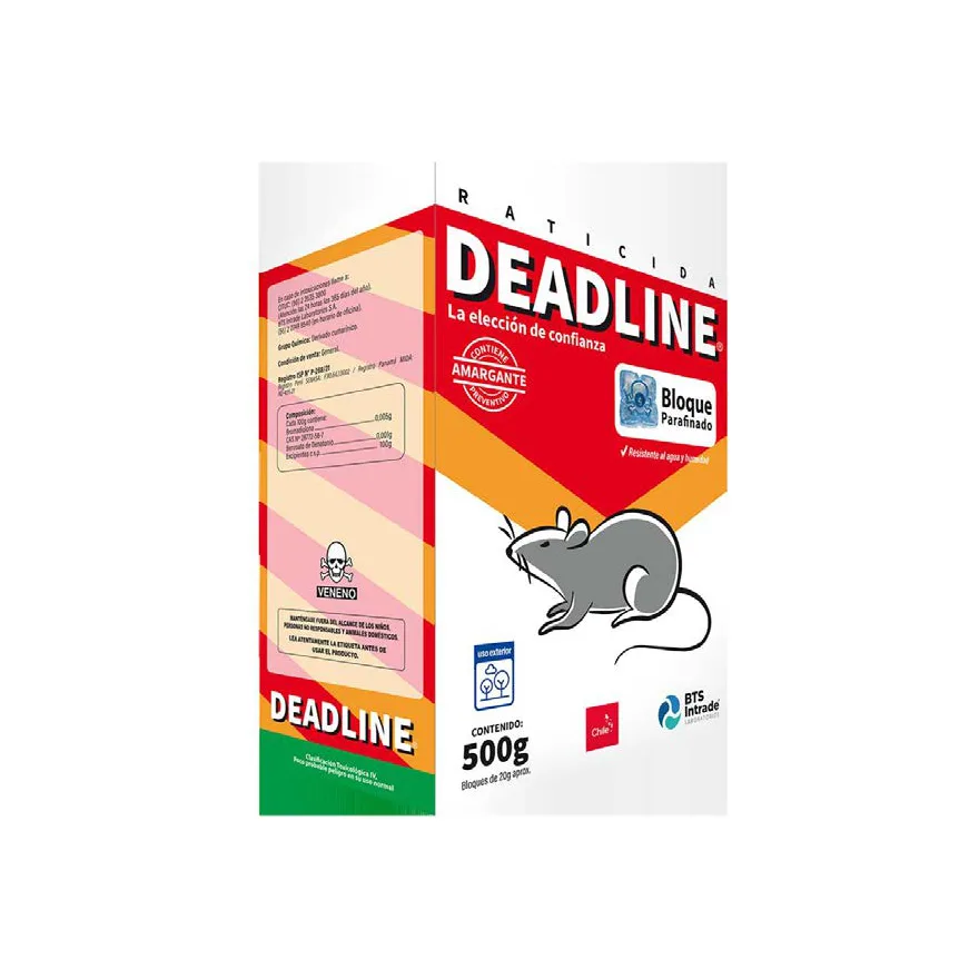 Caja de 500 g de Deadline Bloque Parafinado de BTS, en rojo, naranja y blanco, con el dibujo de un ratón y bloques de 20 g
