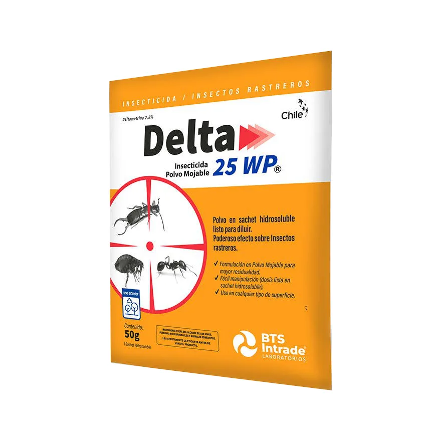 Sachet de 50 g de Delta 25 WP de BTS, envase naranjo y blanco con ilustraciones de hormiga, pulga y tijereta