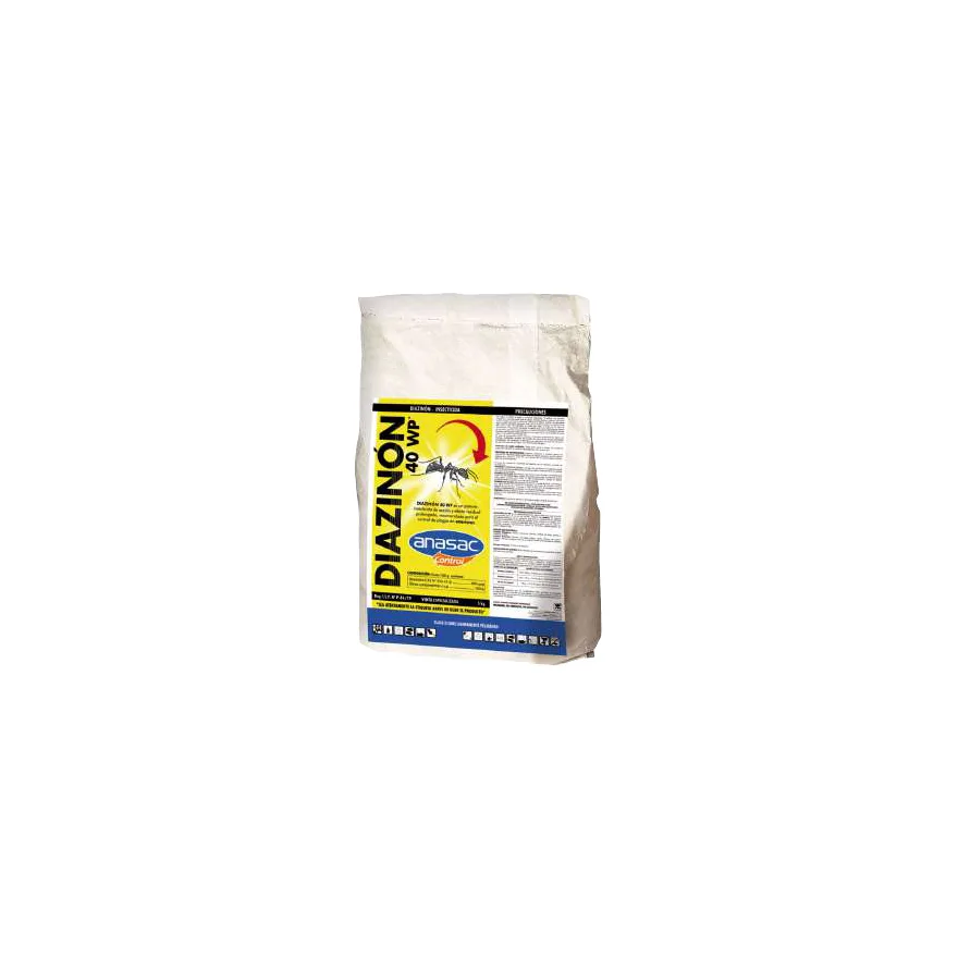 Saco blanco de 5 kg de Diazinon 40 WP de Anasac, con etiqueta amarilla y una hormiga dibujada