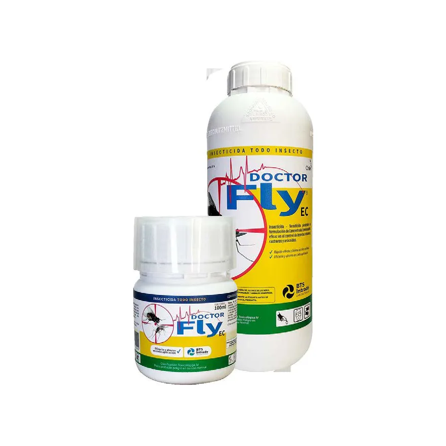 Botella blanca de 1 litro y frasco de 100 ml de Doctor Fly EC de BTS, con etiqueta amarilla y verde