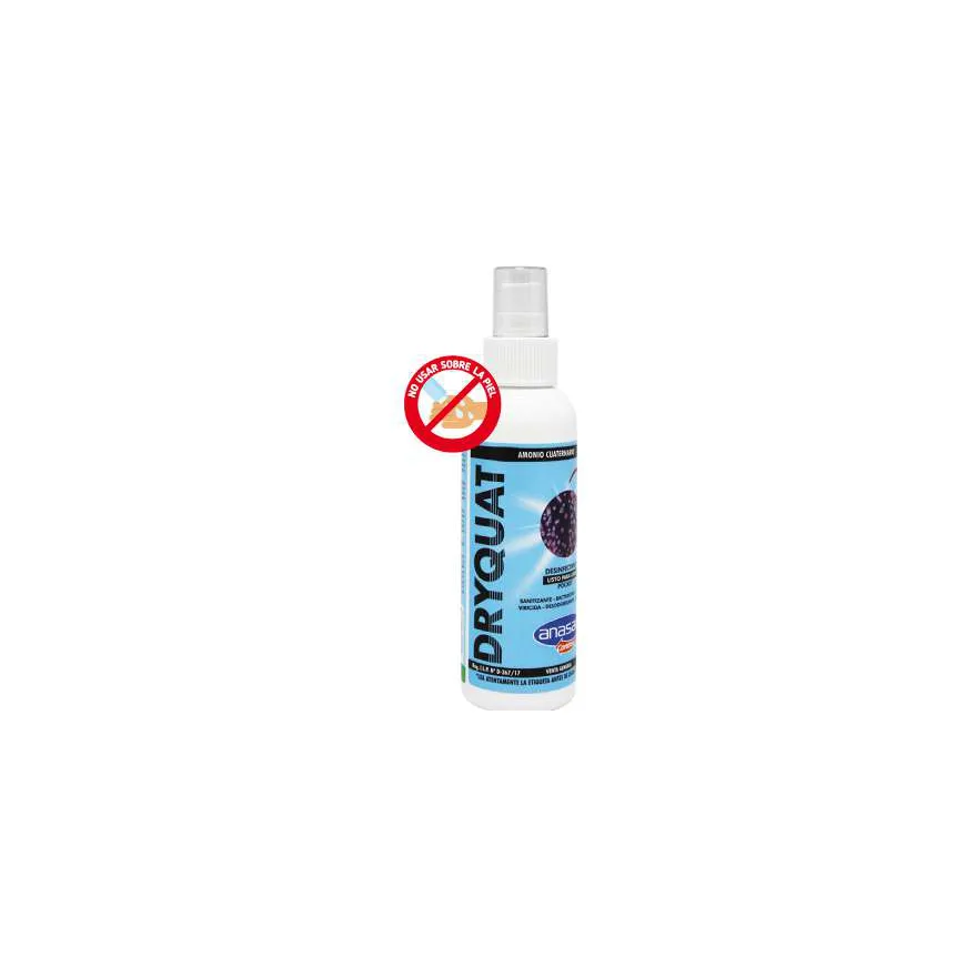 Spray blanco de 140 cc de Dryquat LPU Pocket de Anasac con etiqueta celeste y sello de no usar sobre la piel