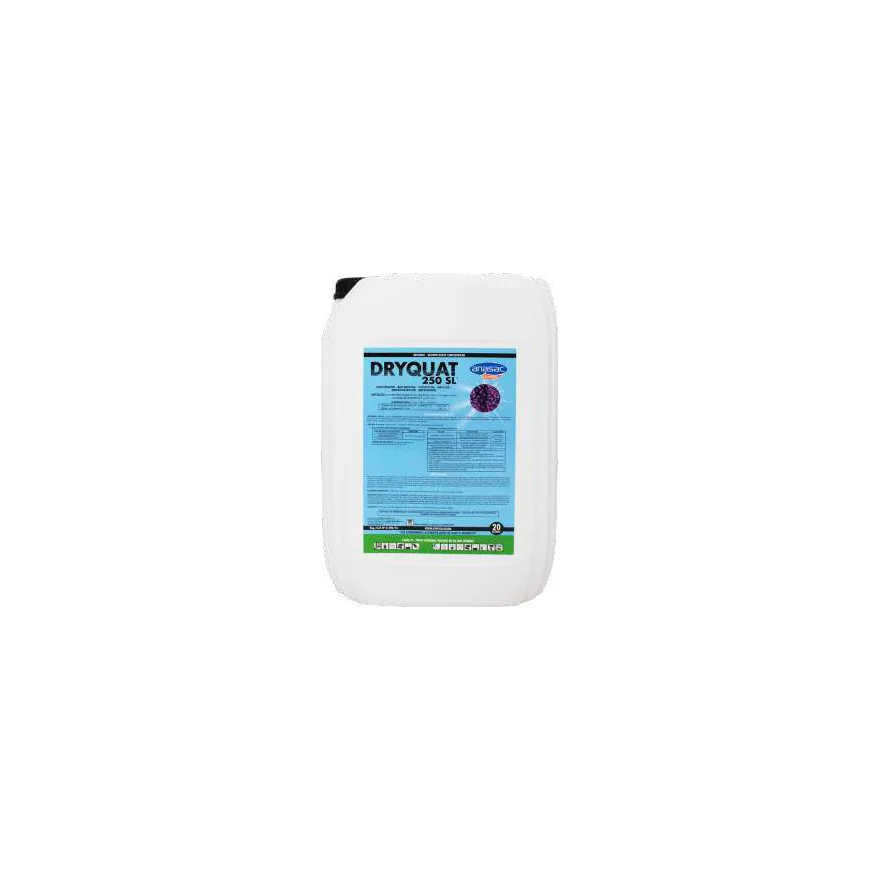 Bidón blanco de 20 litros de Dryquat 250 SL de Anasac con etiqueta celeste