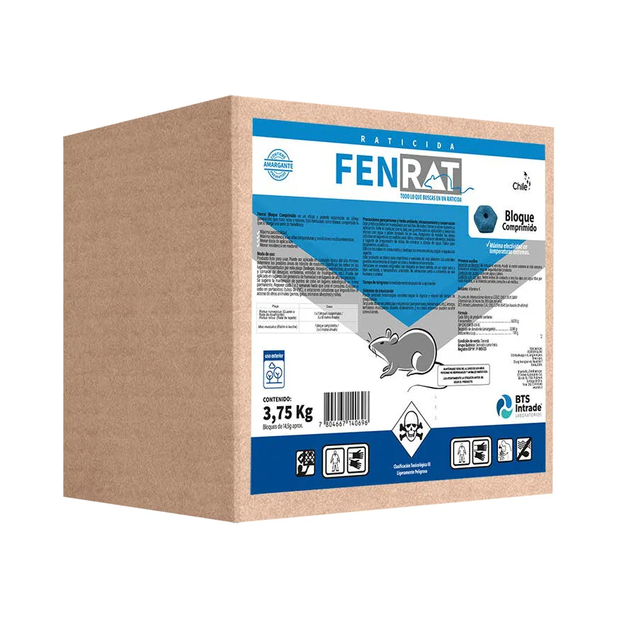 Caja de cartón de 3,75 kg de Fenrat Bloque Comprimido de BTS, con etiqueta azul y blanca y el dibujo de una rata