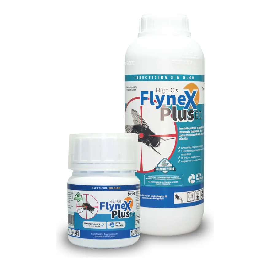 Botella blanca de 1 litro y frasco de 100 ml de Flynex Plus EC de BTS, con etiqueta azul y turquesa y una mosca dibujada