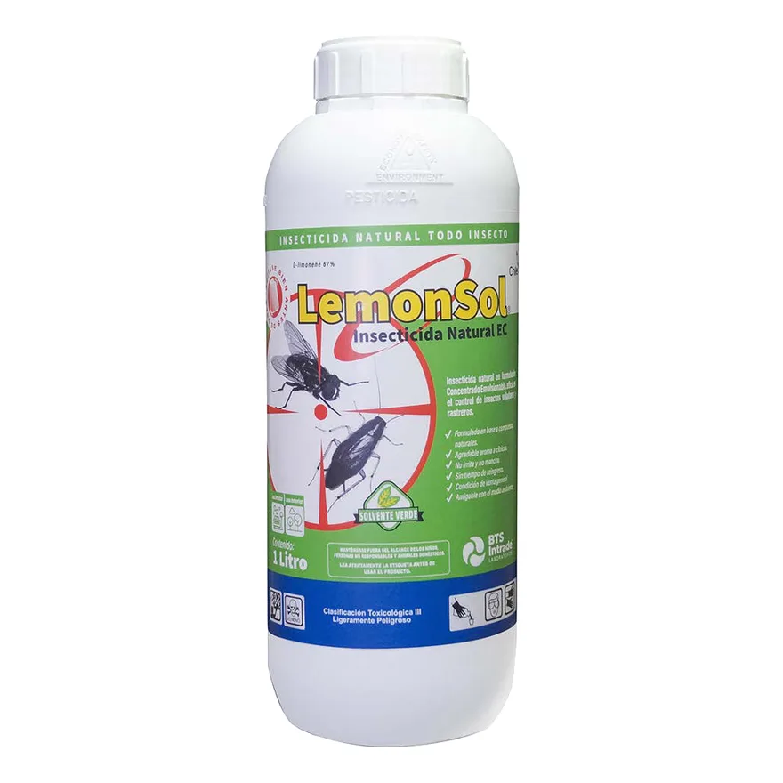 Botella blanca de 1 litro de Lemonsol EC de BTS Intrade, etiqueta verde con una mosca y una cucaracha