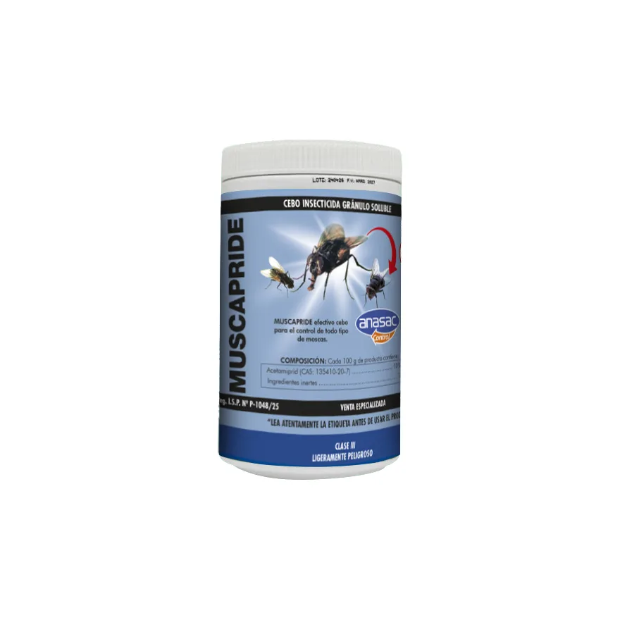 Tarro de Muscapride de Anasac Control, etiqueta azul con moscas y la leyenda cebo insecticida gránulo soluble