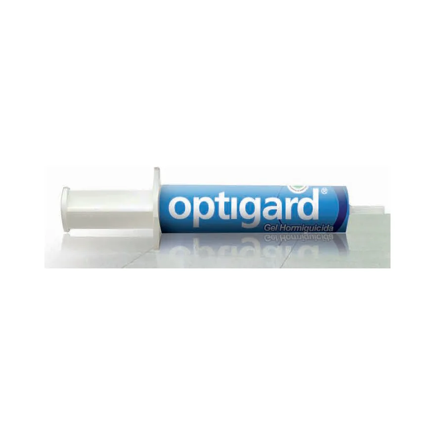 Jeringa de Optigard Gel Hormiguicida de Syngenta con etiqueta azul, sobre una superficie clara con reflejo
