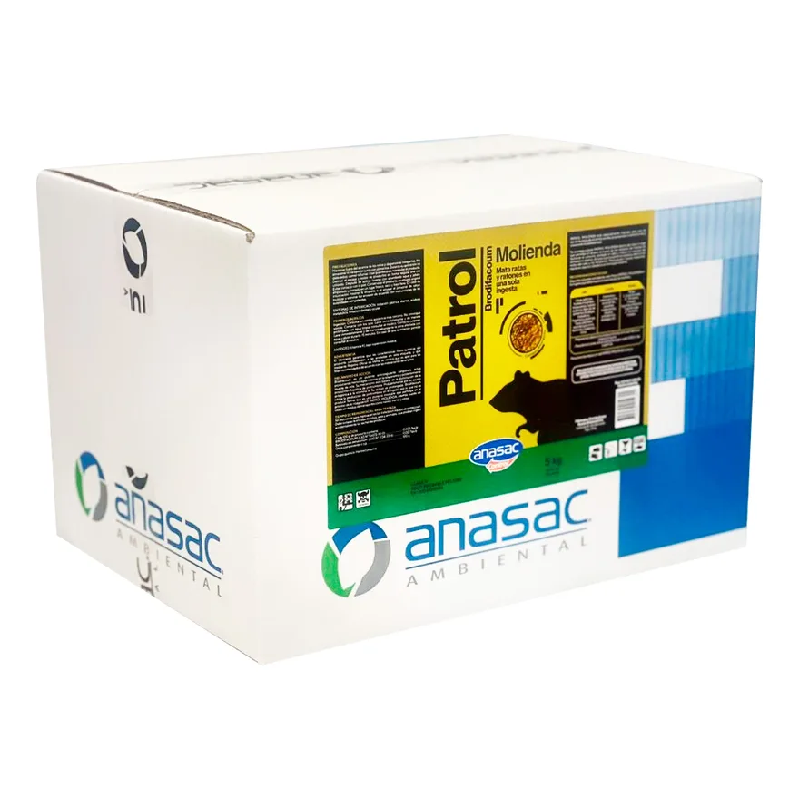 Caja de cartón blanca de 5 kg de Patrol Molienda de Anasac, con etiqueta amarilla y verde con la silueta de una rata