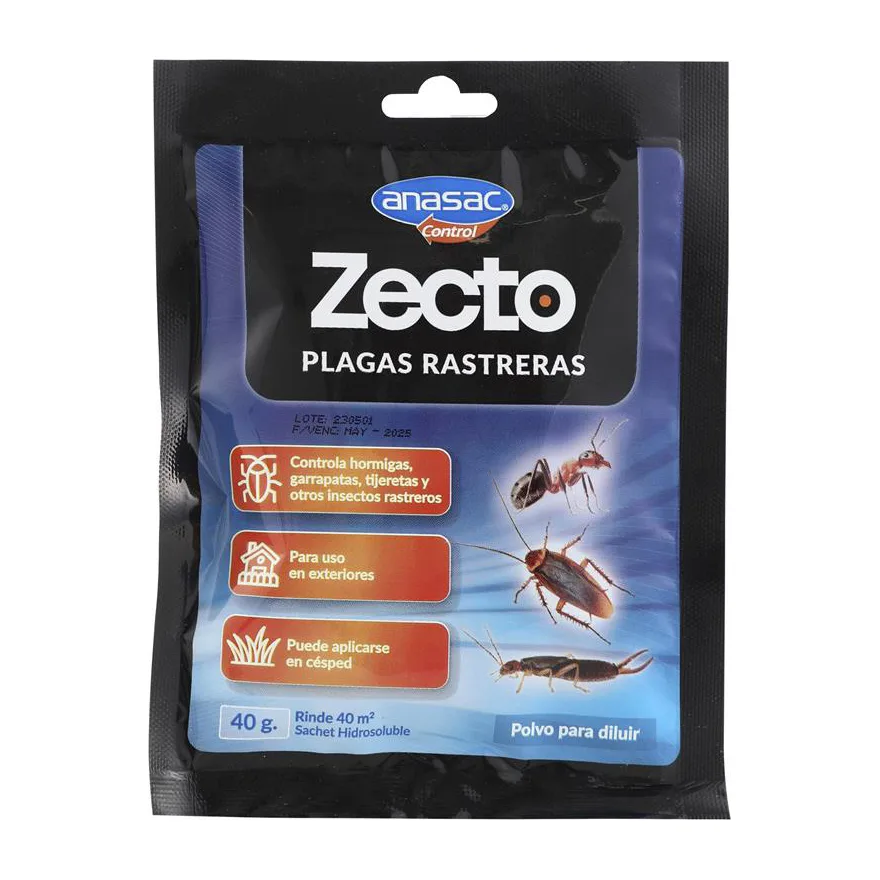 Sachet negro y azul Zecto Plagas Rastreras de Anasac Control de 40 g, con dibujos de hormiga, cucaracha y tijereta