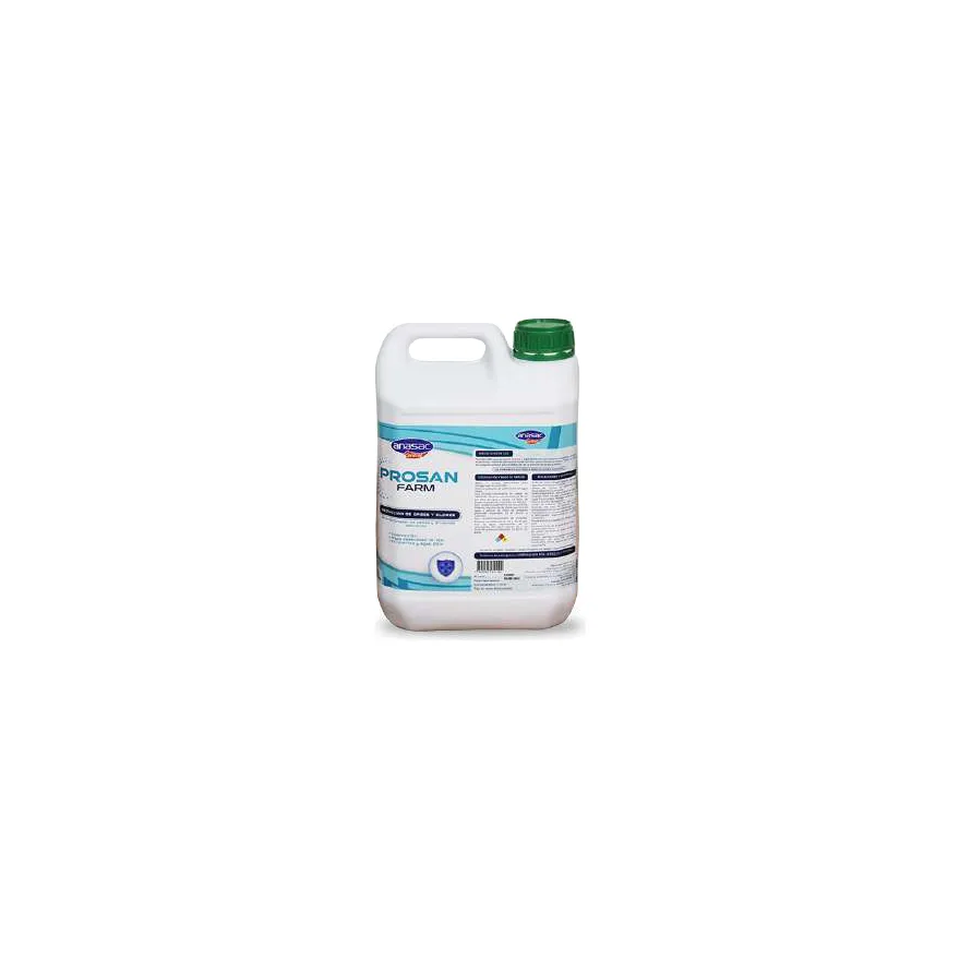 Bidón blanco de 5 litros de Prosan Farm de Anasac con tapa verde y etiqueta celeste