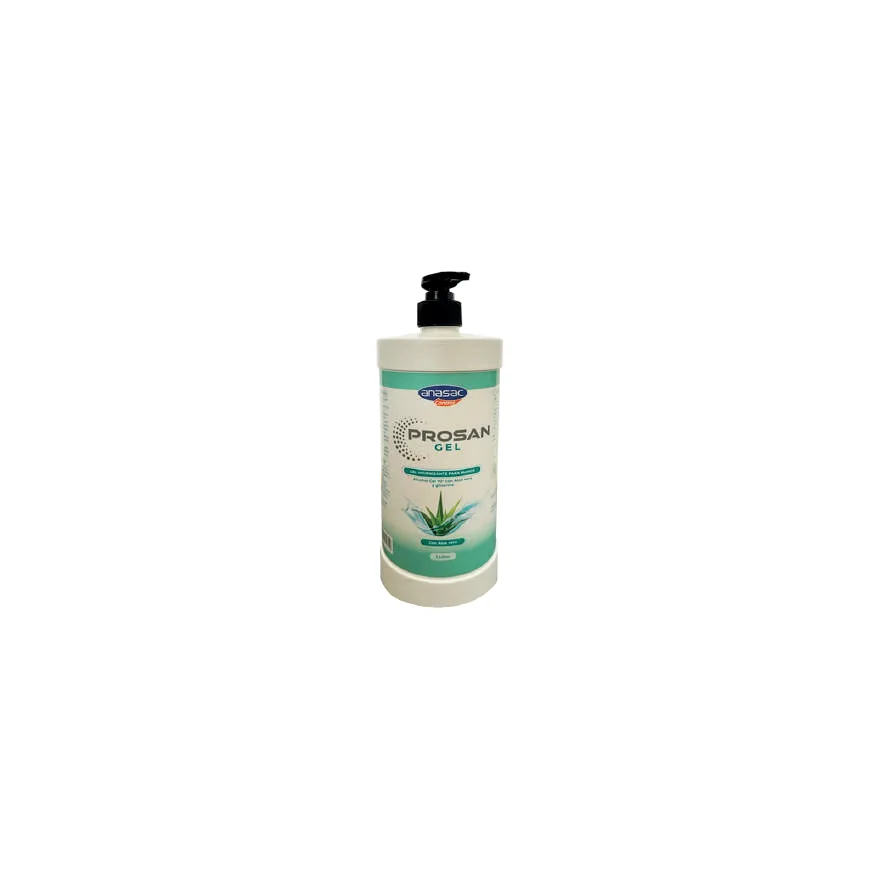 Botella blanca de 1 litro de Prosan Gel de Anasac con dispensador negro y etiqueta verde agua con hoja de aloe vera