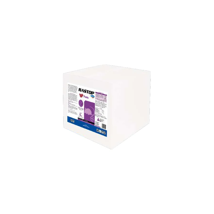 Caja de cartón blanca de 5 kg de Rastop Pasta de Anasac, con etiqueta morada y azul con la silueta de un ratón