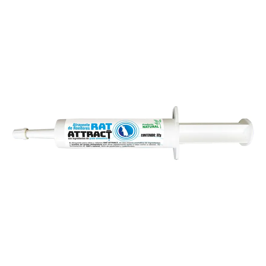 Jeringa blanca de 32 g de Rat Attract de BTS, atrayente de roedores con etiqueta azul y celeste
