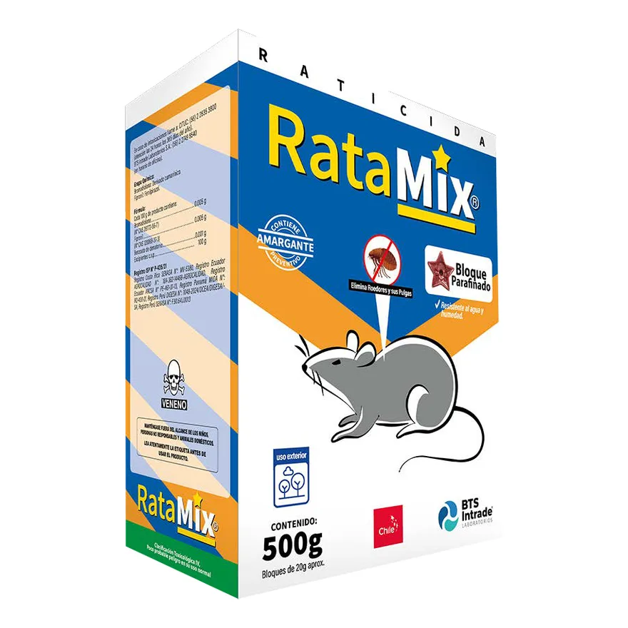 Estuche de cartón de 500 g de Ratamix Bloque Parafinado de BTS, azul, naranjo y blanco, con un ratón dibujado