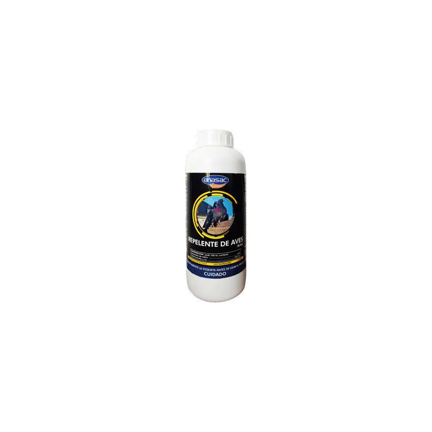 Botella blanca de 1 litro de Repelente de Aves Aries de Anasac, con etiqueta azul oscuro y foto de palomas