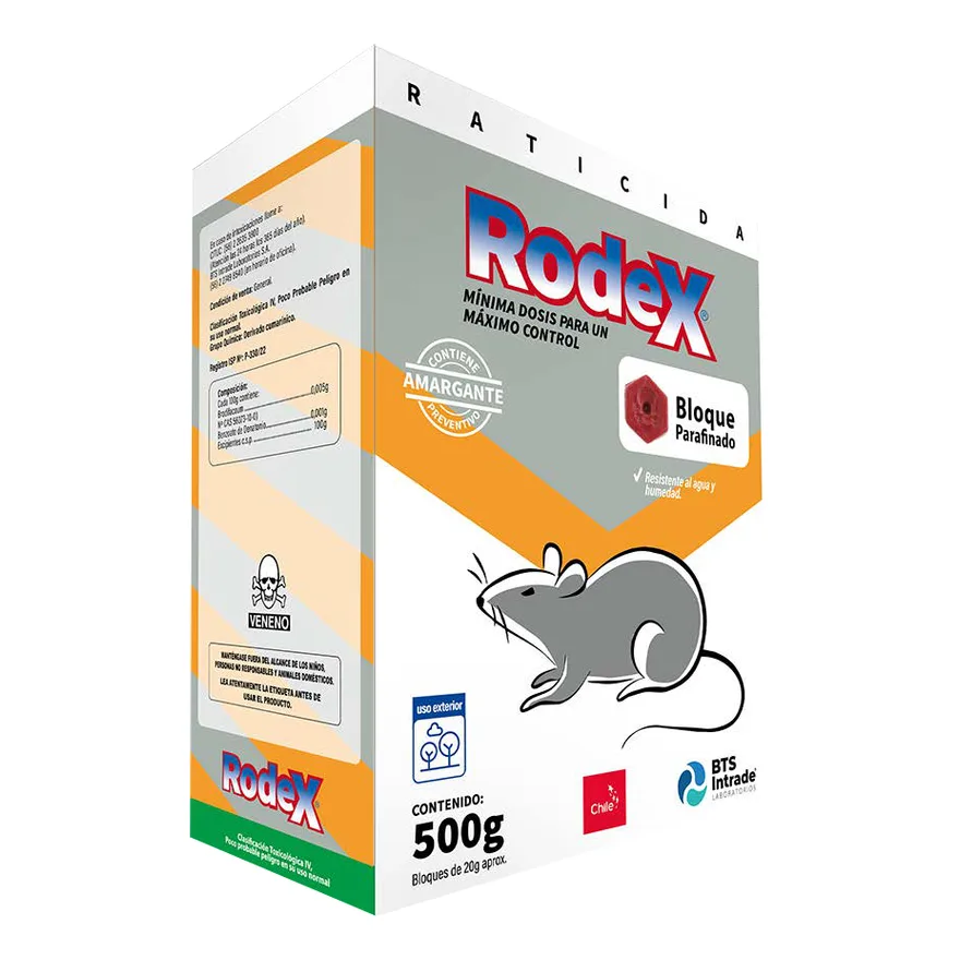 Estuche de cartón de 500 g de Rodex Bloque Parafinado de BTS, gris, naranjo y blanco, con un ratón dibujado