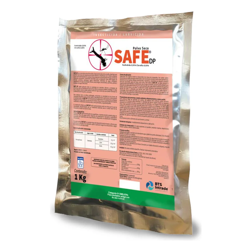 Bolsa metalizada de 1 kg de Safe DP de BTS, polvo seco larvicida, con etiqueta rosada y franja verde