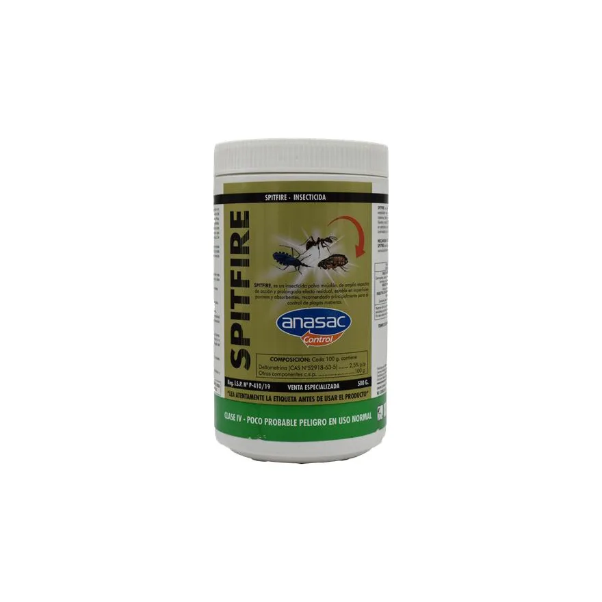 Tarro de 500 g de Spitfire de Anasac Control, etiqueta dorada con insectos y franja verde de clase IV