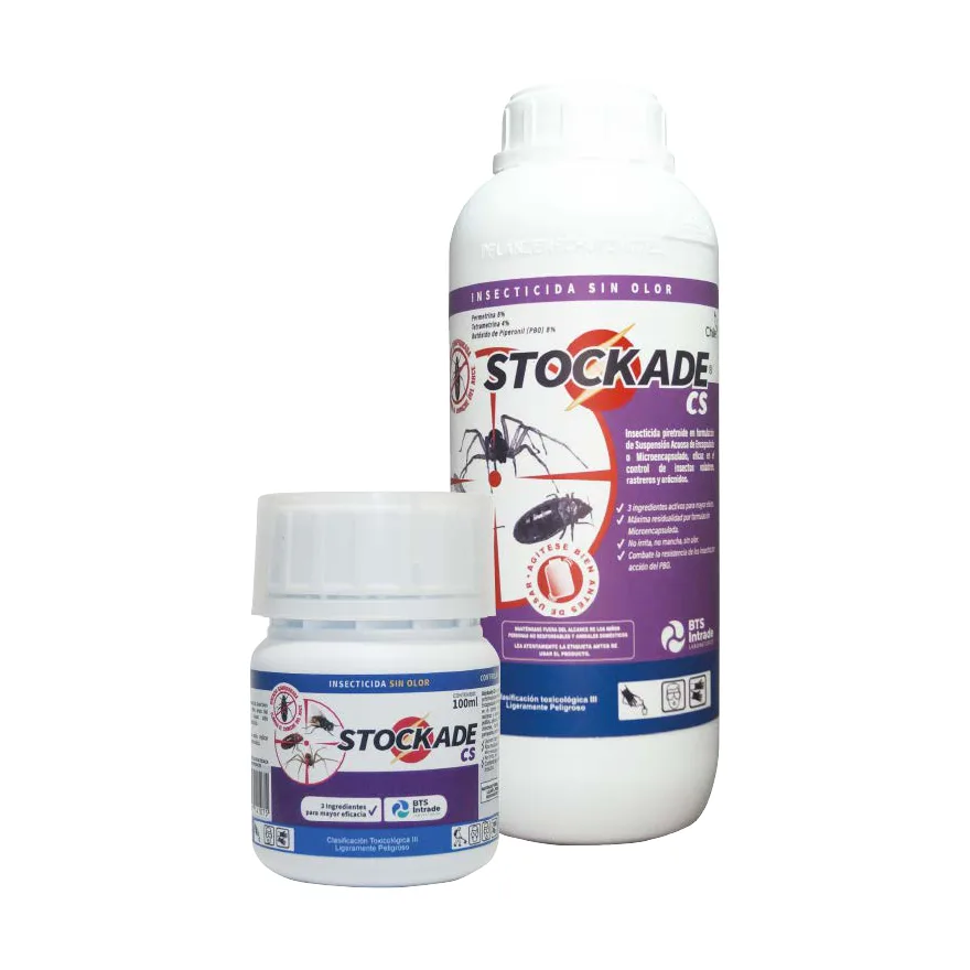 Botella blanca de 1 litro y frasco de 100 ml de Stockade CS de BTS, con etiqueta morada de insecticida sin olor