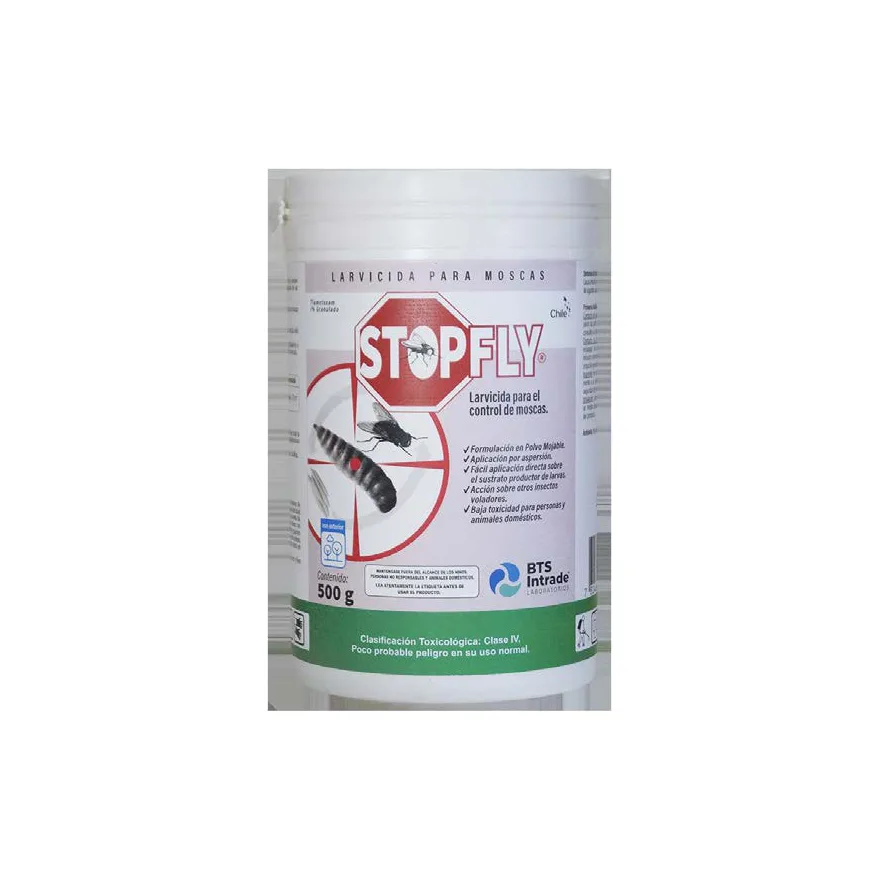 Pote blanco de 500 g de StopFly de BTS, larvicida para moscas en polvo mojable, con etiqueta roja de señal de pare