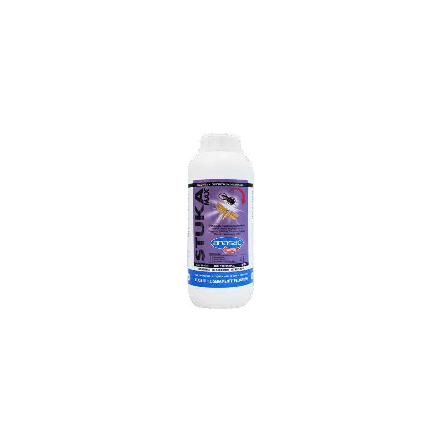 Botella blanca de 1 litro de Stuka Max de Anasac, con etiqueta morada y blanca de insecticida concentrado emulsionable