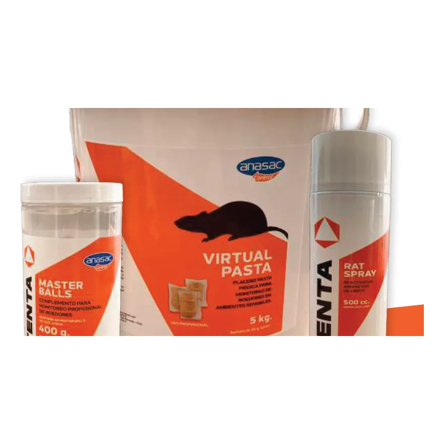 Línea Tenta de Anasac: frasco de Masterballs, balde de Virtual Pasta y aerosol Rat Spray