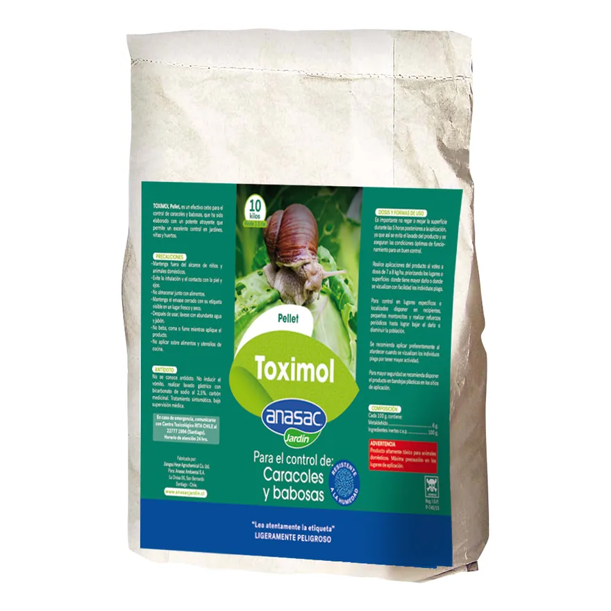 Saco de papel de 10 kilos de Toximol Pellet de Anasac, con etiqueta verde y foto de un caracol sobre una hoja